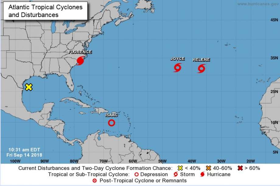 The yellow 'X' can be seen on the Texas Gulf Coast, bringing wet weather to the state over the next few days.&nbsp; Photo: NOAA