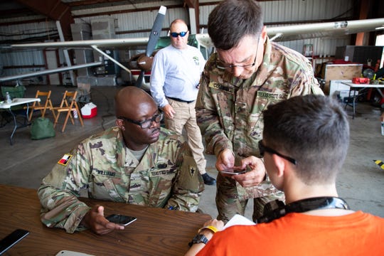 Members of the Texas State Guard take part in a hurricane air emergency evacuation drill involving with the Texas Air National Guard at the Corpus Christi International Airport on Wednesday, June 12, 2019. 