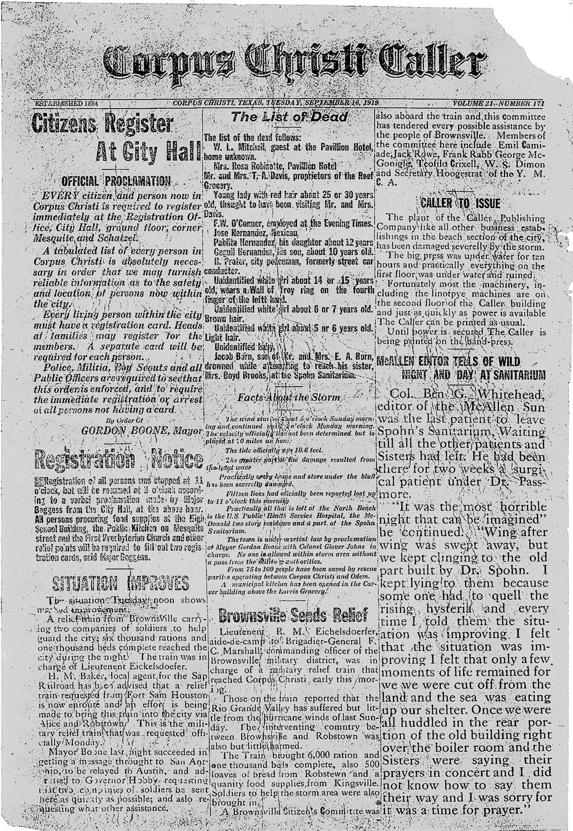 The front page of the Corpus Christi Caller on Sept. 16, 1919 following the devastating hurricane that made landfall on Sept. 14.