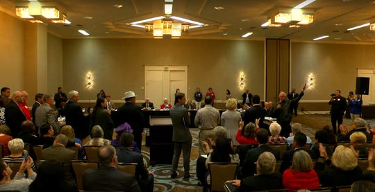 State Rep. Todd Hunter, R-Corpus Christi, speaks during the public comment portion of a Texas Windstorm Insurance Association Board of Directors meeting on Dec. 10, 2019.