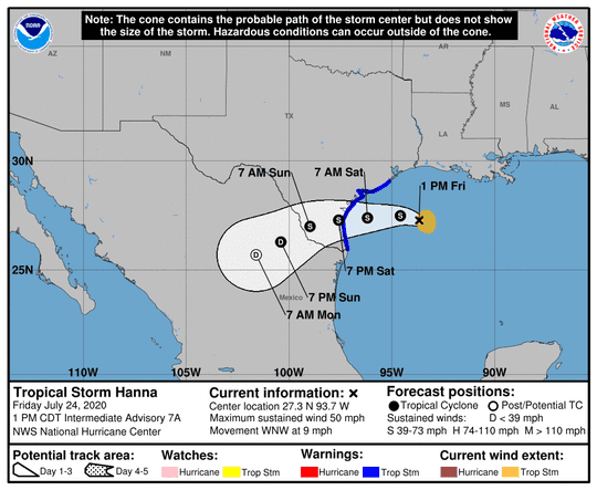 Tropical Storm Hanna is expected to make landfall Saturday evening.