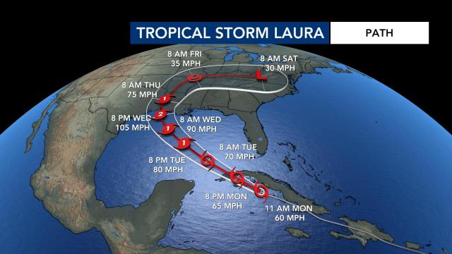 Tropical Storm Laura projected path as of 11 a.m. Aug. 24