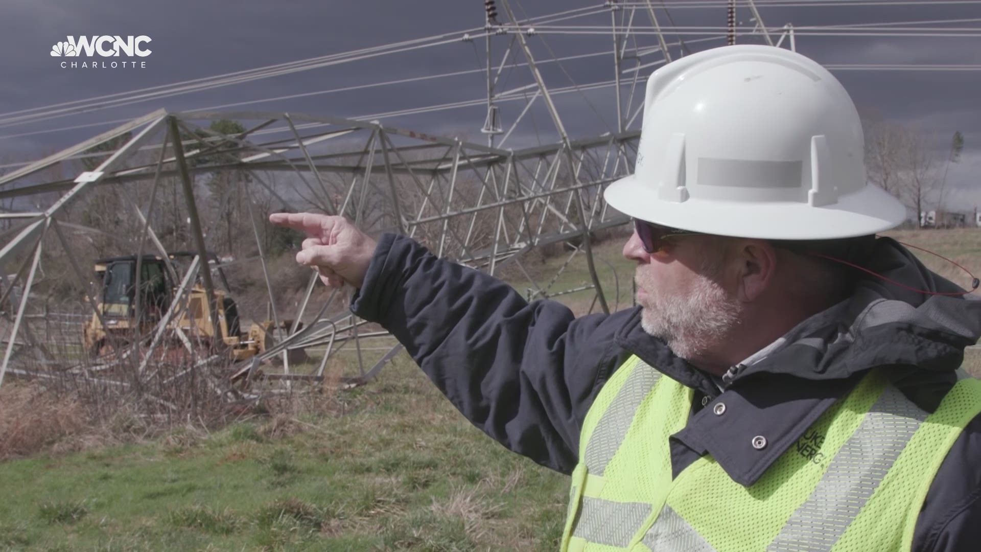 Four high tension electrical transmission towers belonging to Duke Energy were pushed over by 130 mph winds from an EF-2 tornado Thursday.