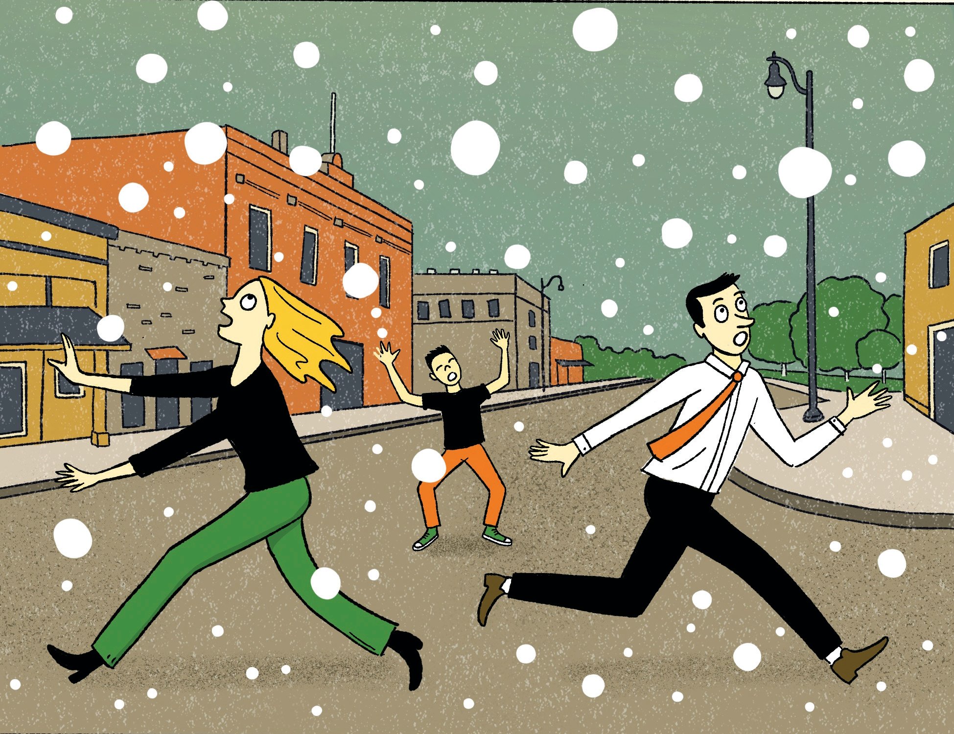 A cartoon of people in a small town scattering in a panic as massive hailstones begin raining from the sky over downtown.