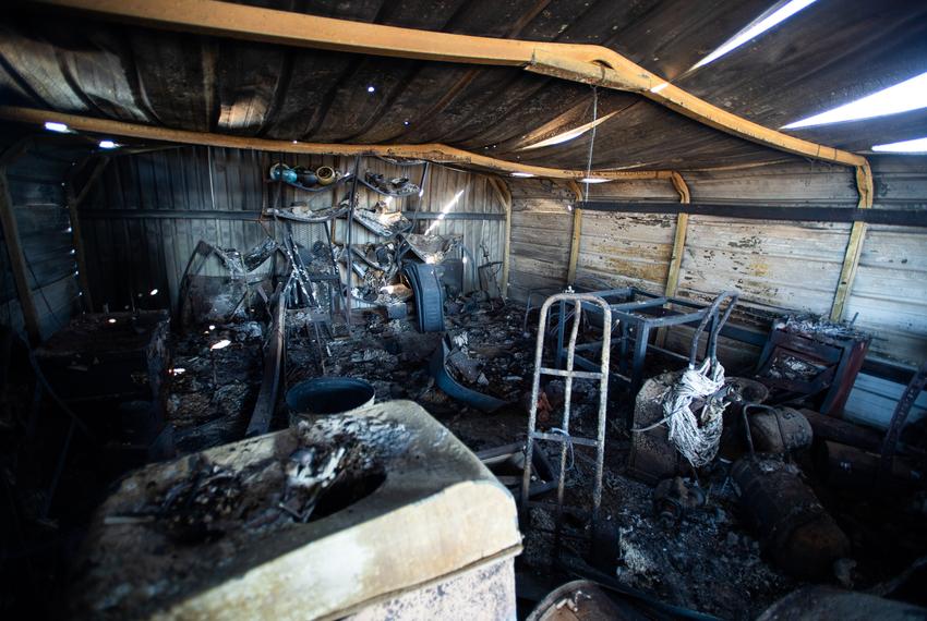 The burned remnants of Dan Cogswell’s shed Friday, March. 1, 2024, in Fritch, Texas.