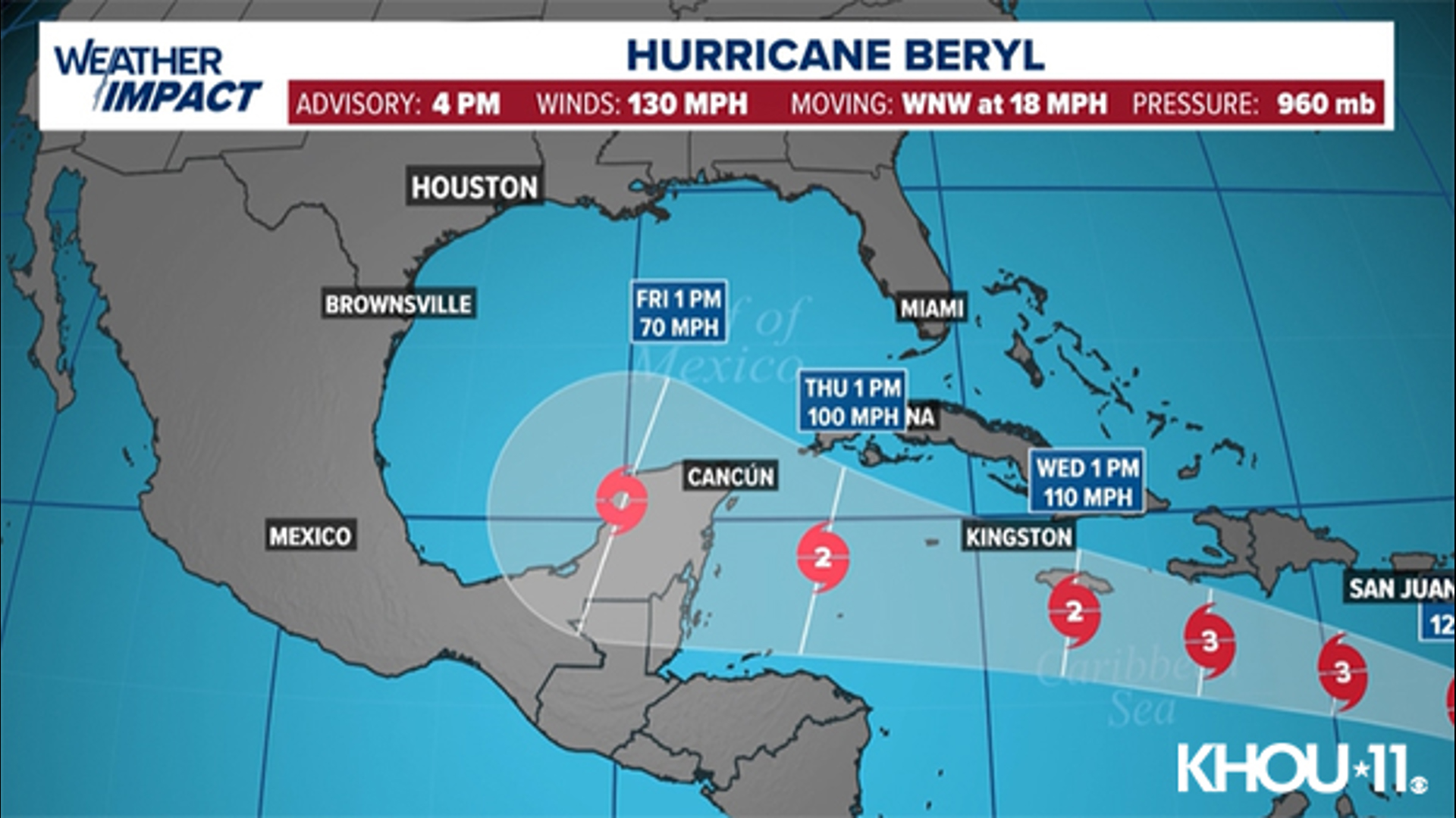 Hurricane Beryl remains a Cat. 4 storm as it continues track to the ...