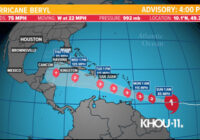 Hurricane Beryl continues track to the west, expected to continue strengthening