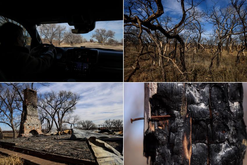 From top left: Remelle Farrar drives to the historic Canadian River Wagon Bridge north of town while showing the damage around Canadian on Feb. 9, 2025. Lake Marvin Lodge, east of the bridge in Kettle National Grasslands, was badly burned in the 2024 Smokehouse Creek Fires.